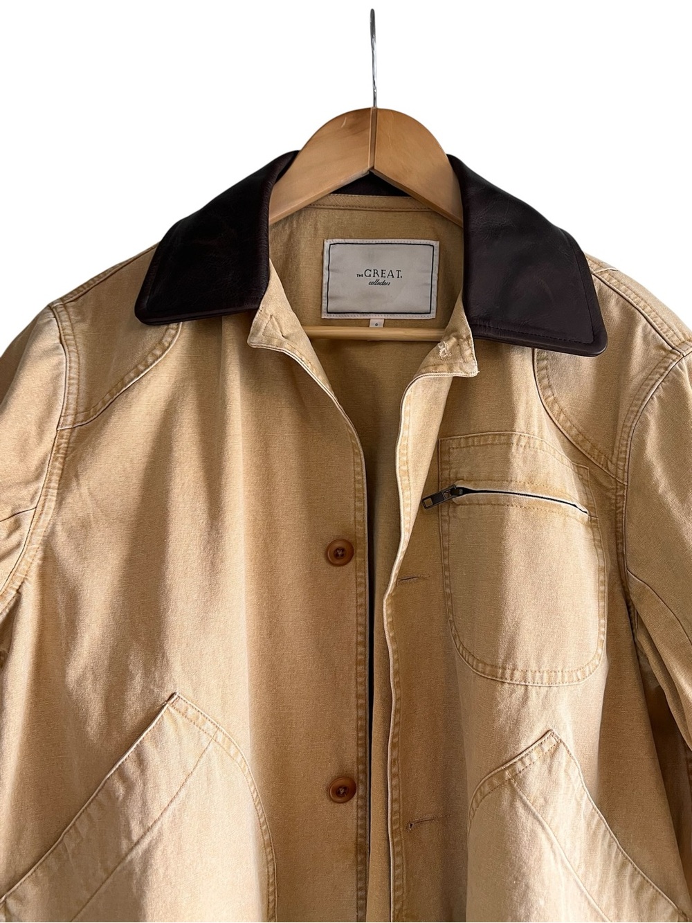 THE GREAT. Tan Barn Jacket with Dark Brown leather Collar excellent condition - Picture 9 of 15